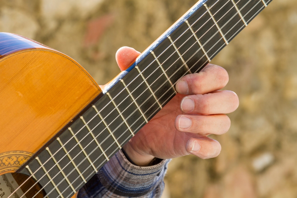 Fingers on an acoustic guitar fretboard